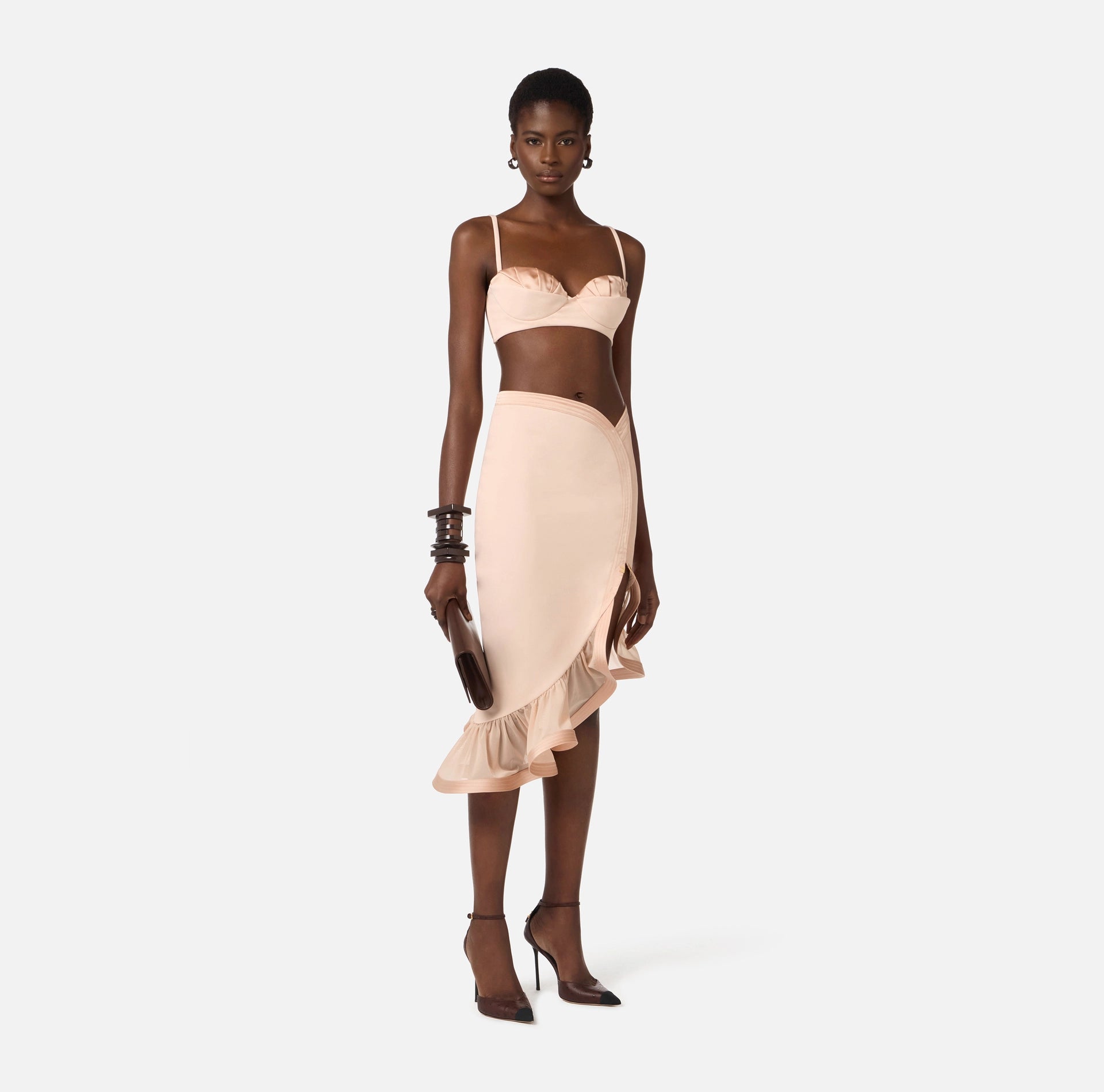 Nude midi skirt with flounce ruffle