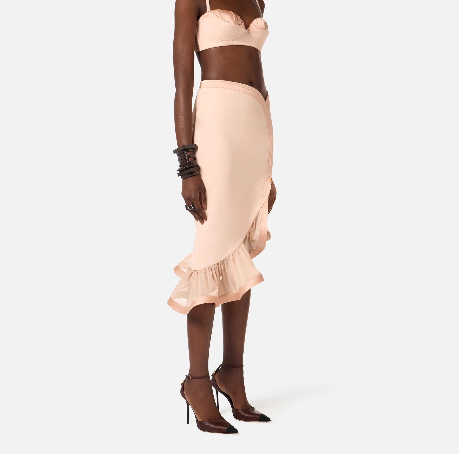 Nude midi skirt with flounce ruffle