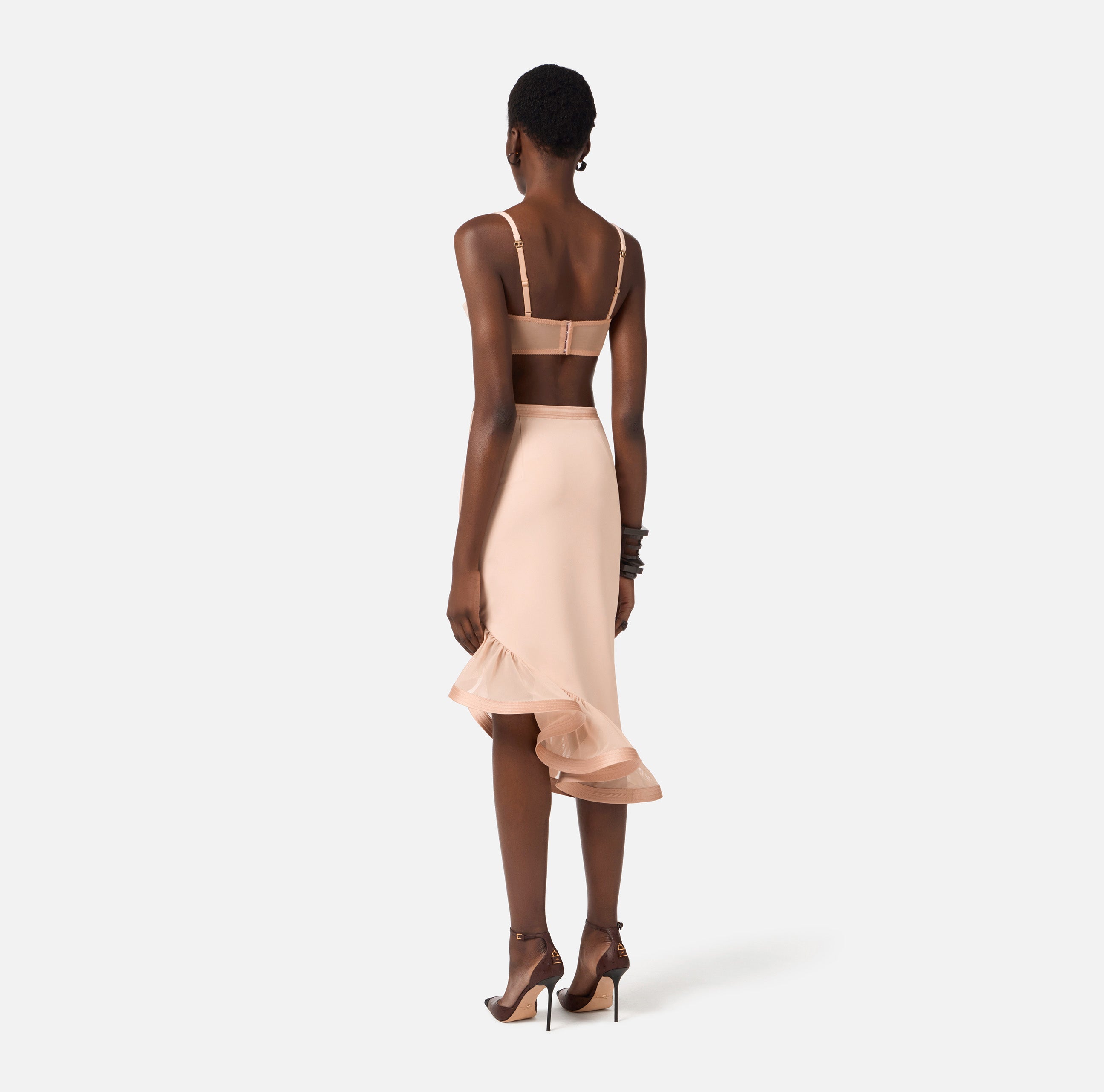 Nude midi skirt with flounce ruffle