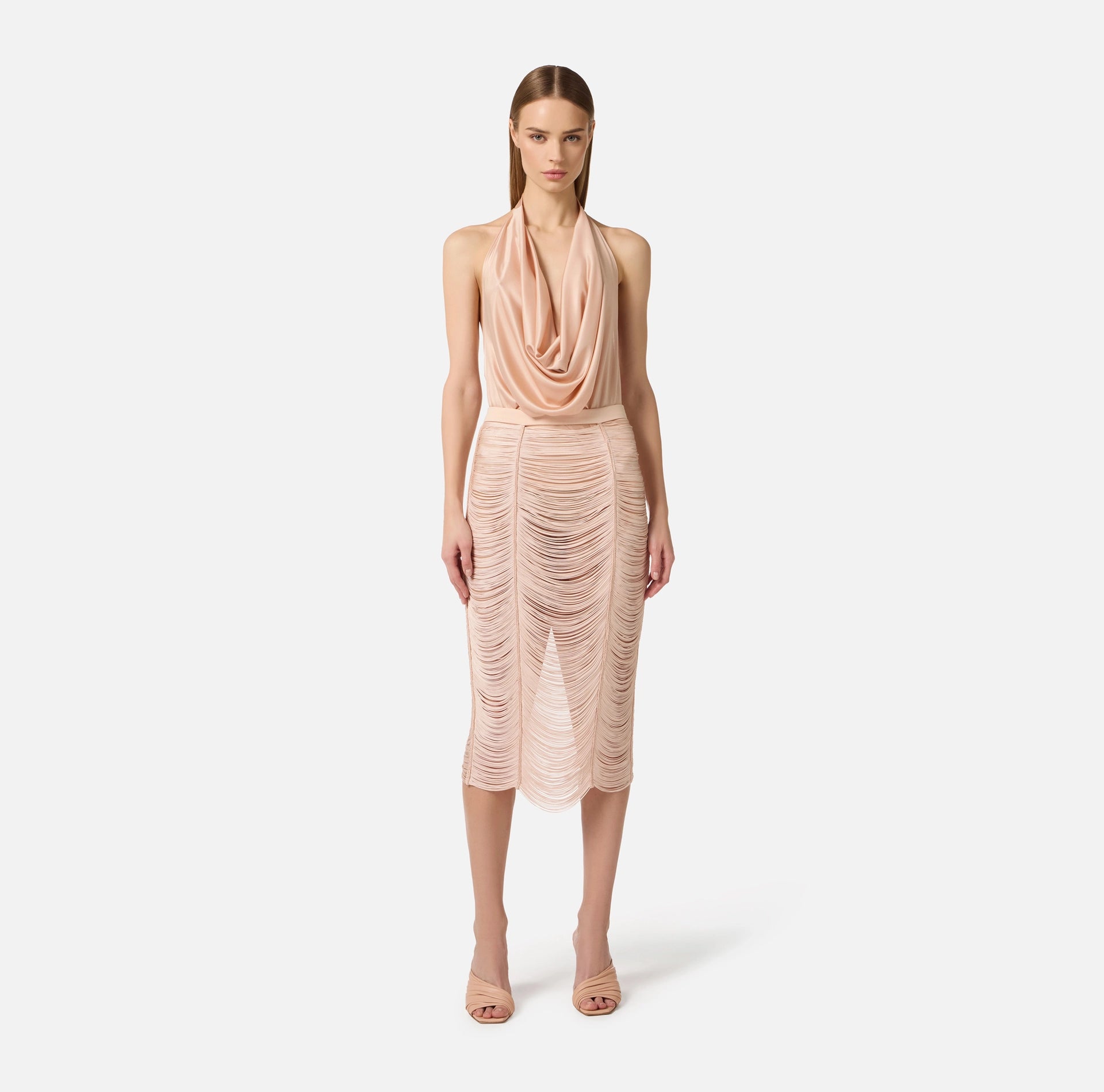 Nude fringe draped pencil skirt