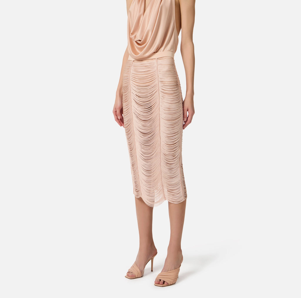 Nude fringe draped pencil skirt