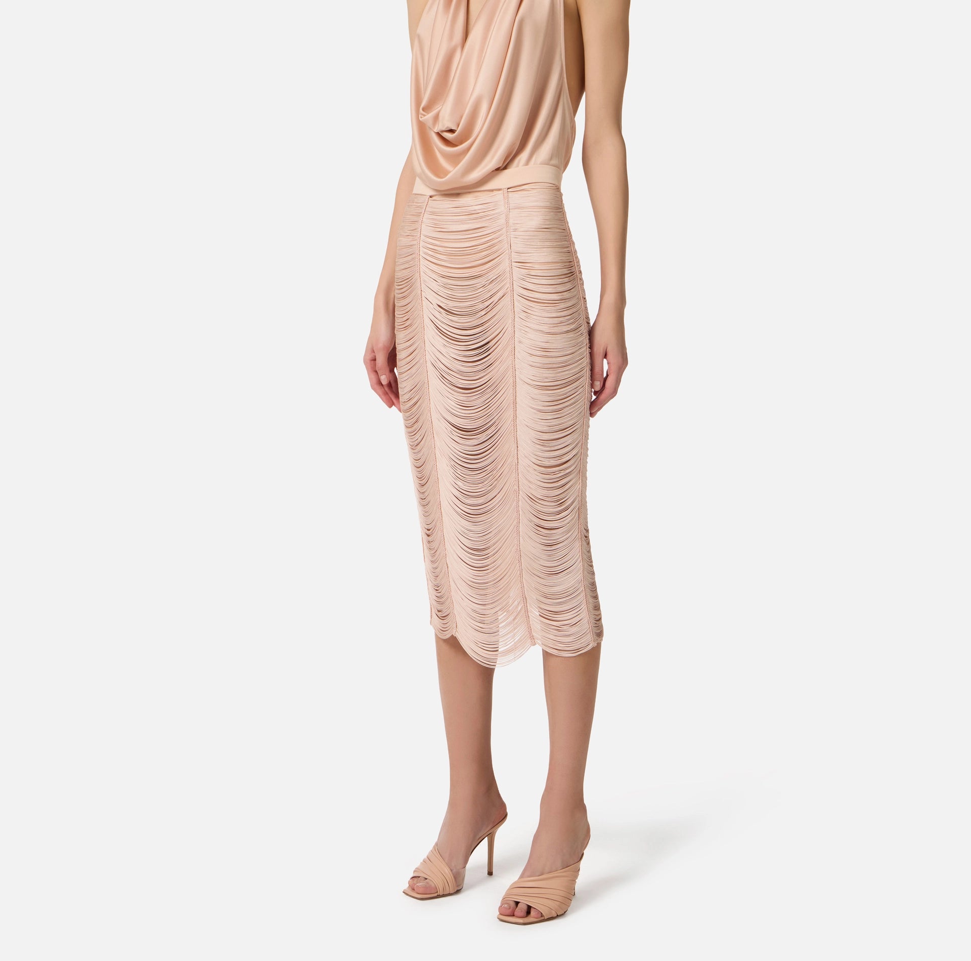 Nude fringe draped pencil skirt