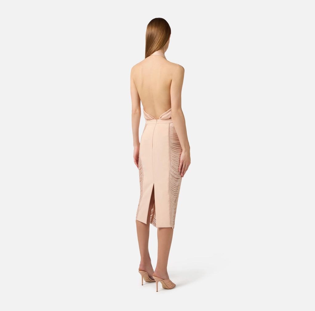 Nude fringe draped pencil skirt