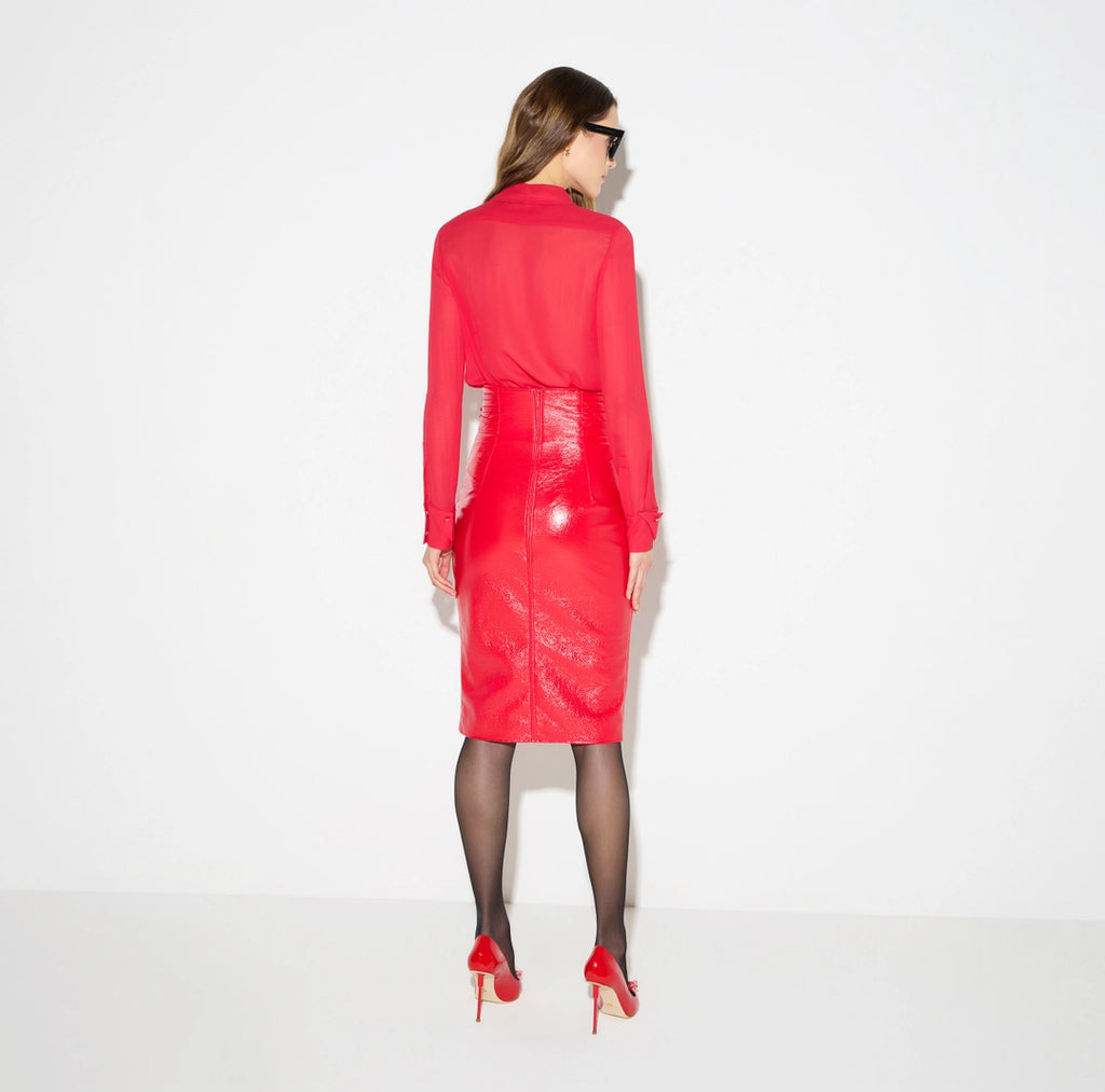 Red shiny high waist pencil skirt with straps detail