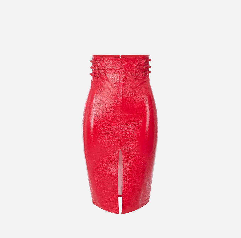 Red shiny high waist pencil skirt with straps detail