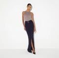 Navy maxi jersey skirt with gold jewel