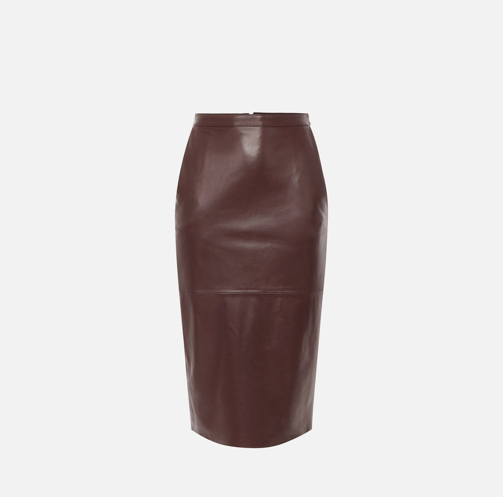 Brown leather pencil skirt with a slit