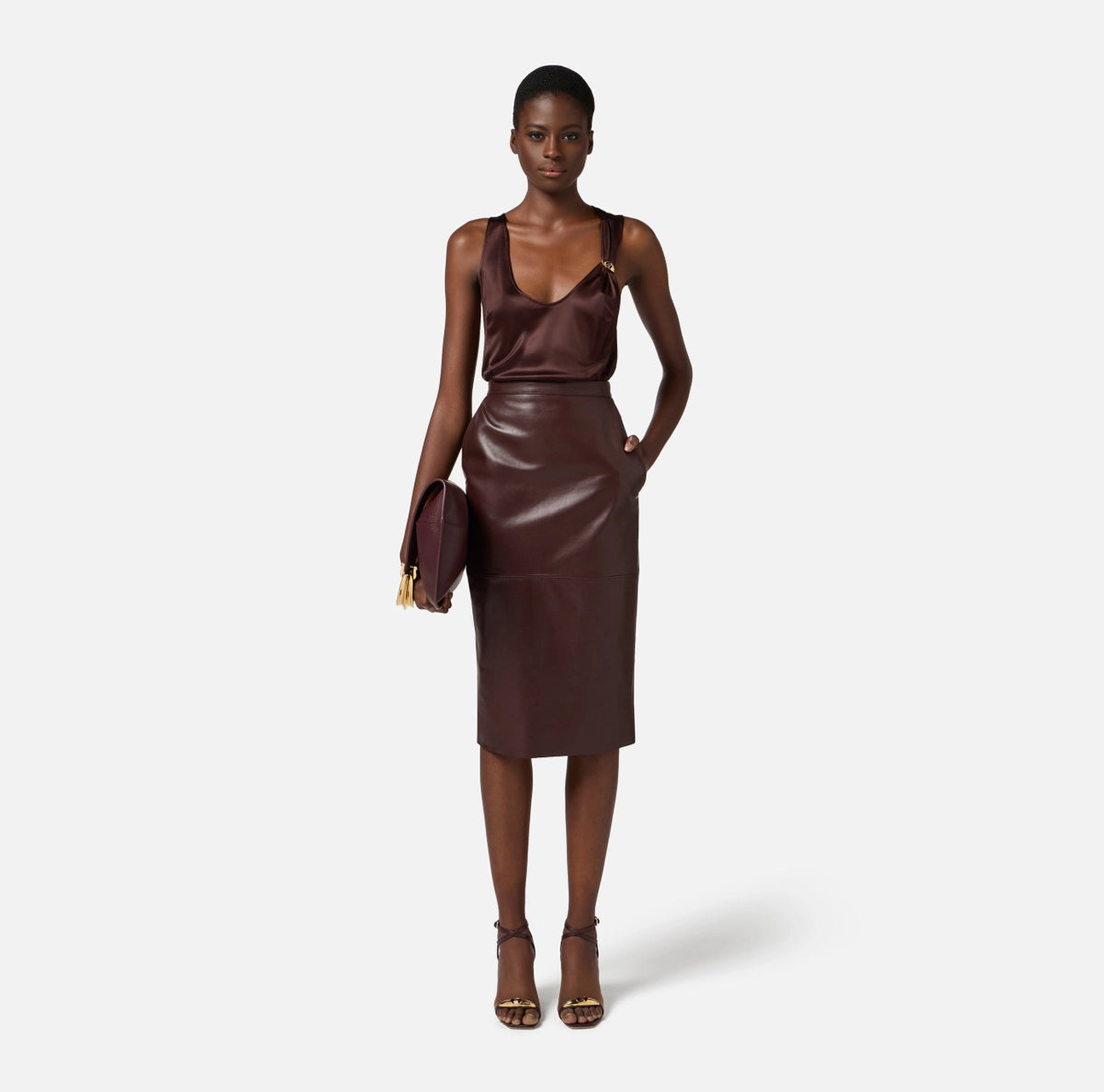 Brown leather pencil skirt with a slit