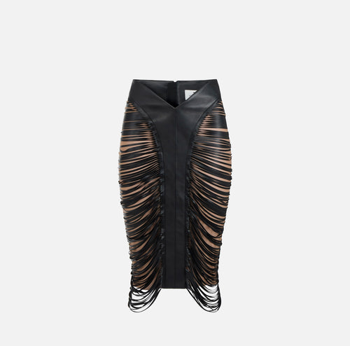 Black fringe leather pencil skirt