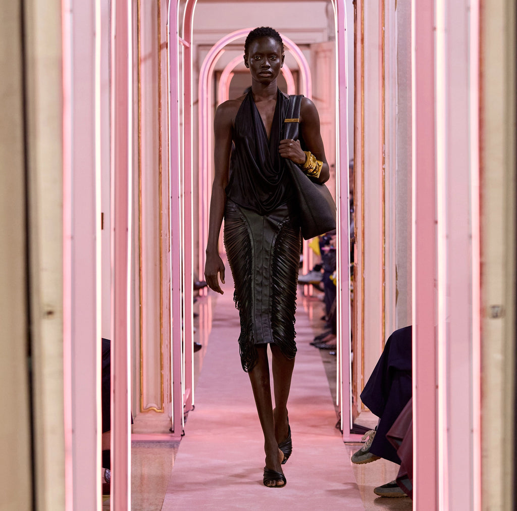 Black fringe leather pencil skirt