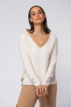 Ivory cashmere sweater with leather trimming