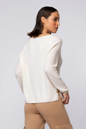 Ivory cashmere sweater with leather trimming