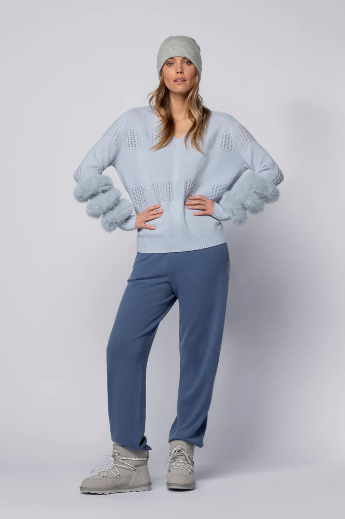 Baby blue sweater with removable faux fur cuffs