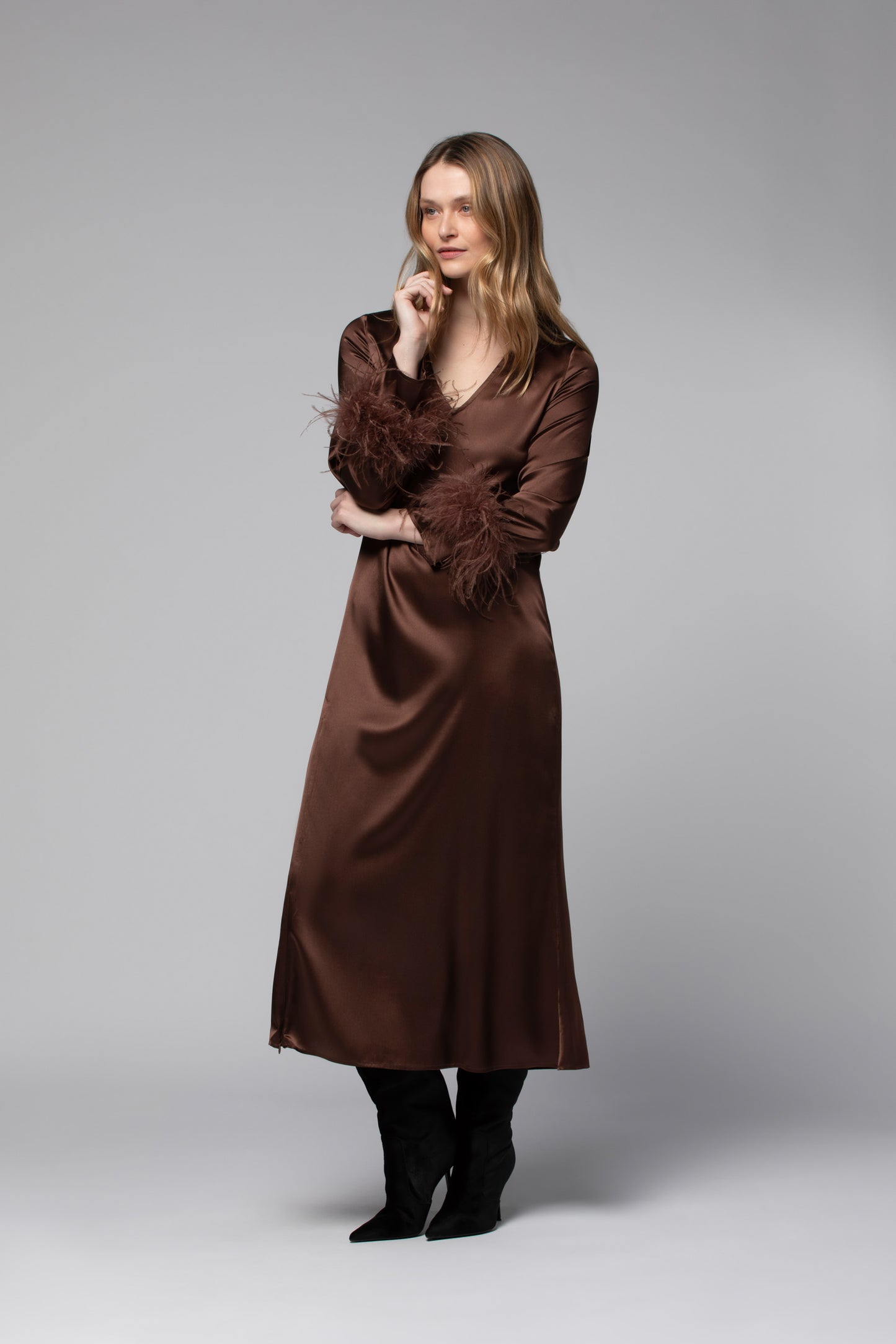 Chocolate silk long dress with removable feather cuffs