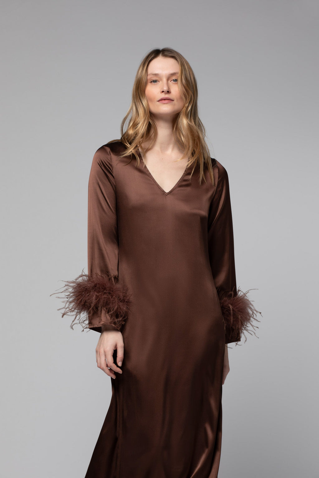 Chocolate silk long dress with removable feather cuffs
