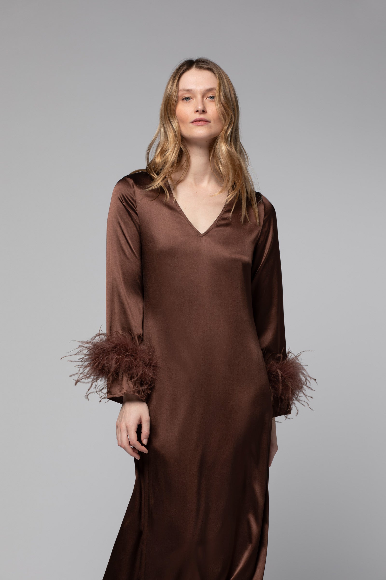 Chocolate silk long dress with removable feather cuffs