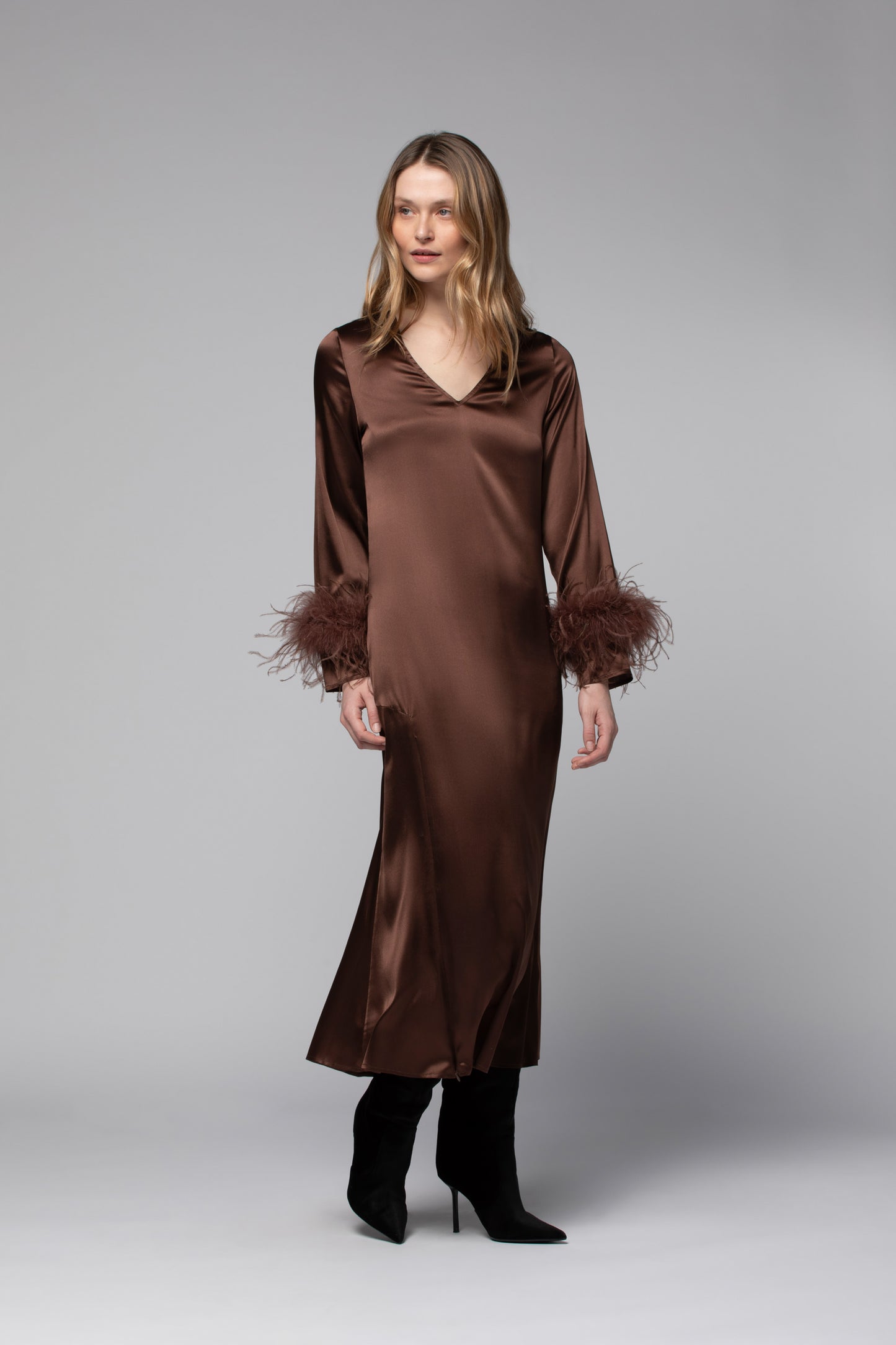 Chocolate silk long dress with removable feather cuffs