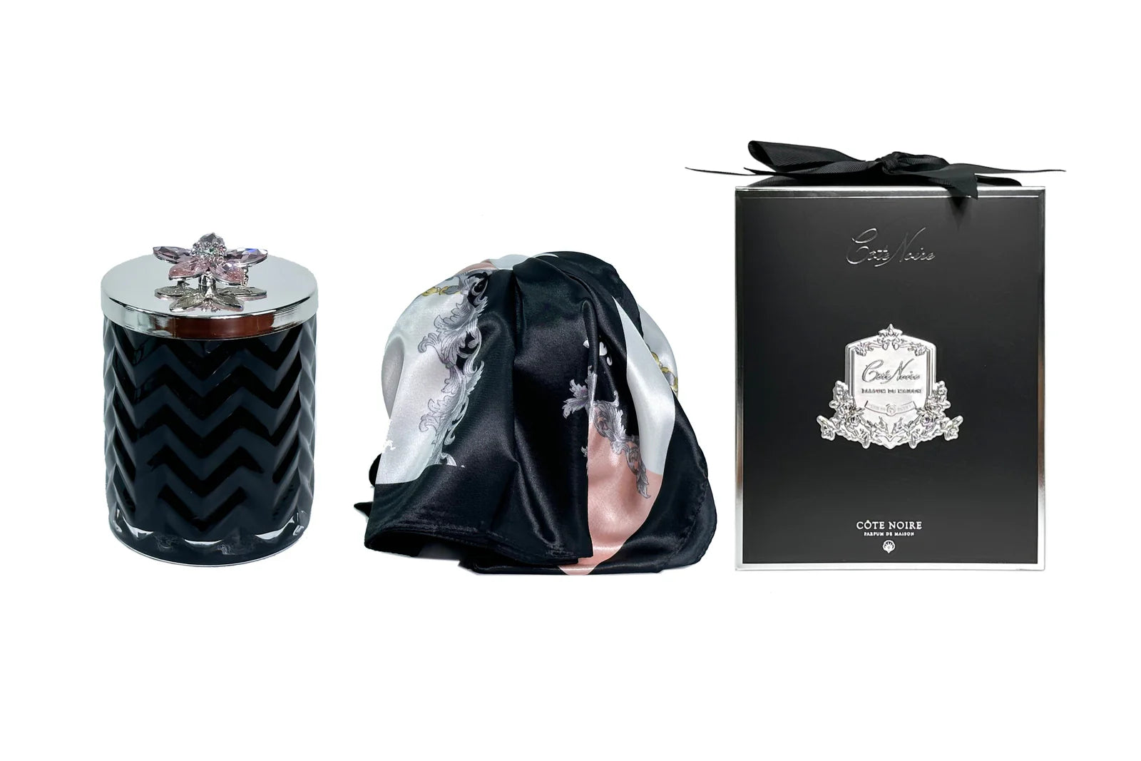 Black herringbone candle with scarf and a flower silver lid broach