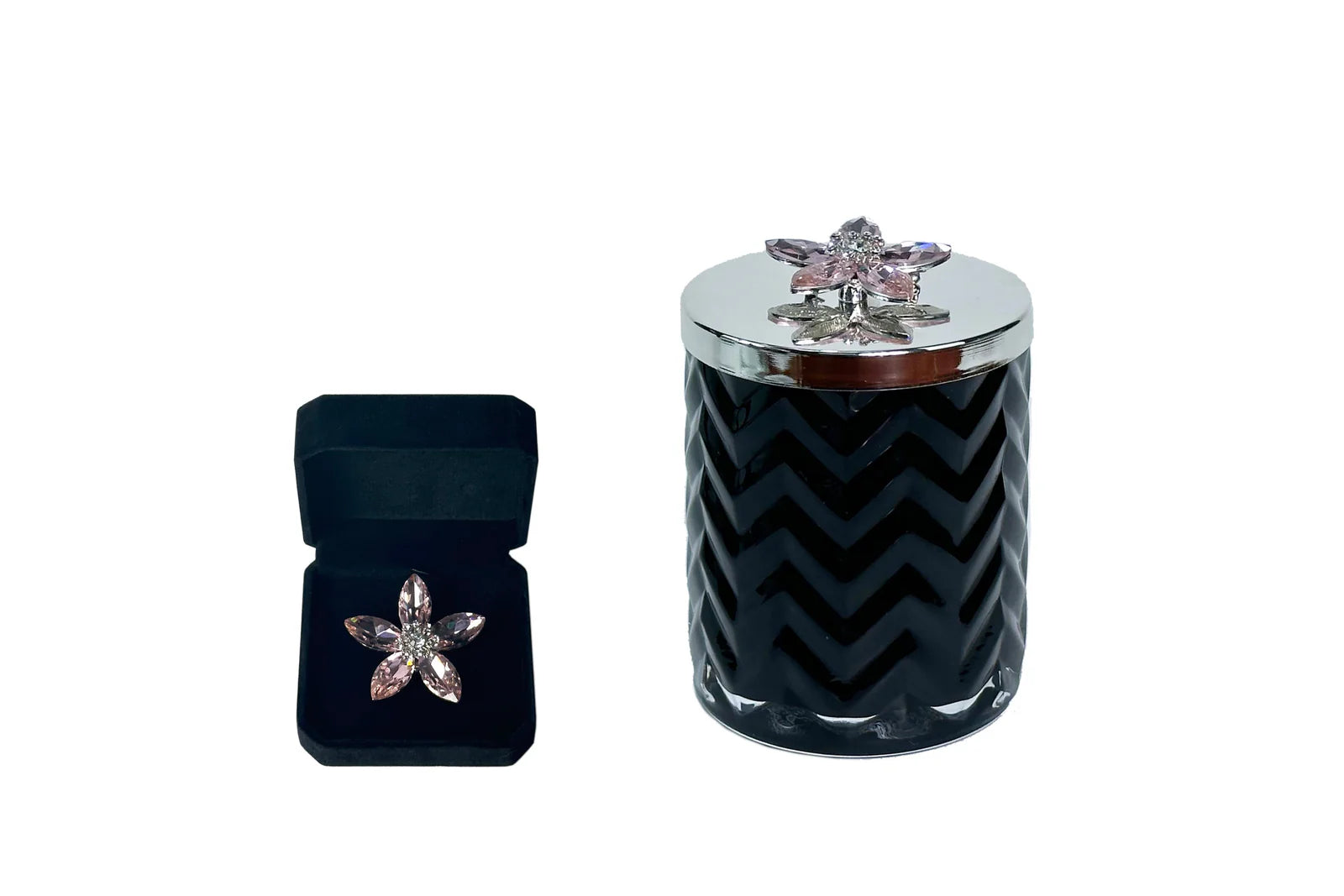 Black herringbone candle with scarf and a flower silver lid broach