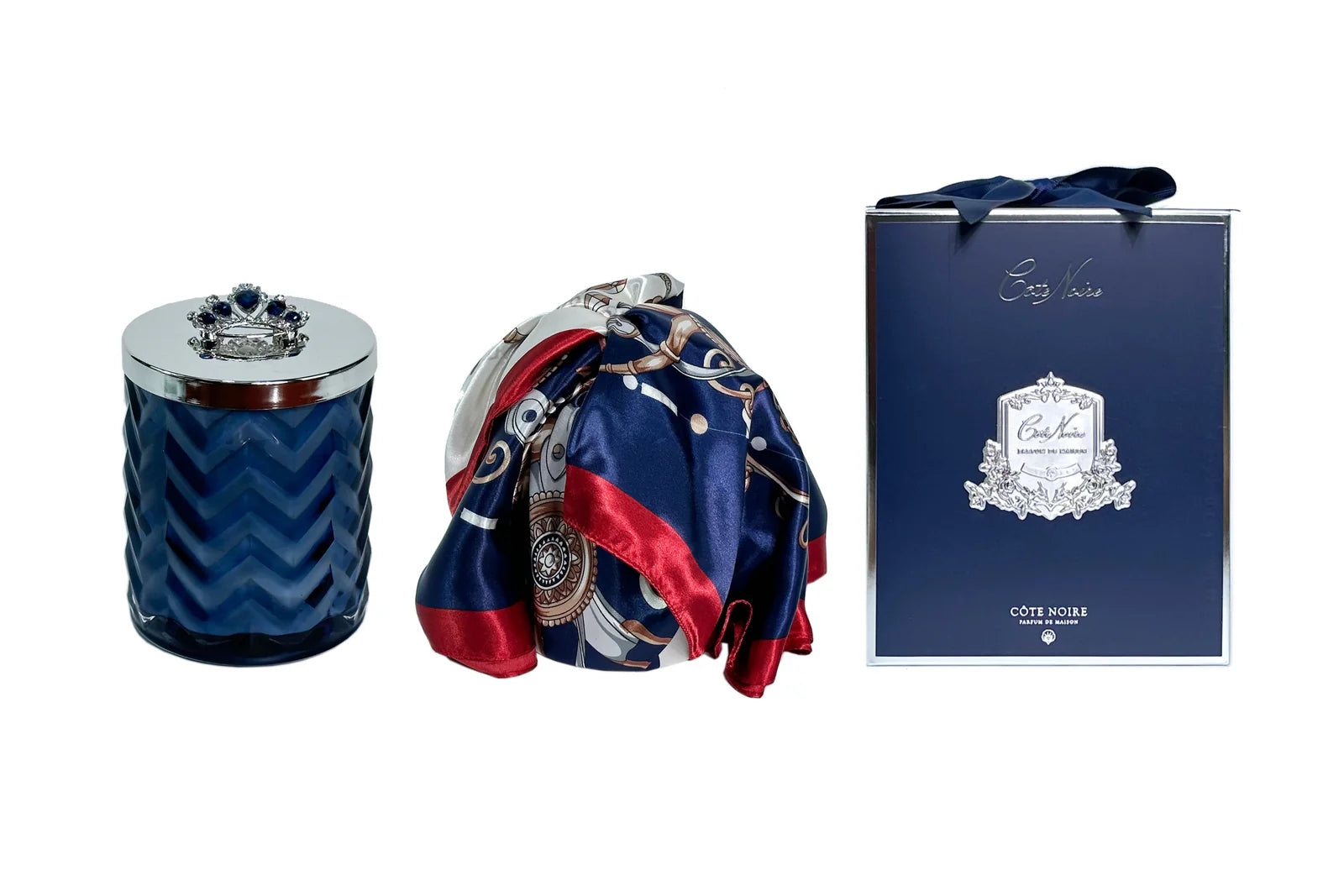 Navy herringbone candle with silk scarf and a crown broach Garden in Versailles fragrance