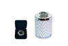 White herringbone candle with silk scarf and a silver broach