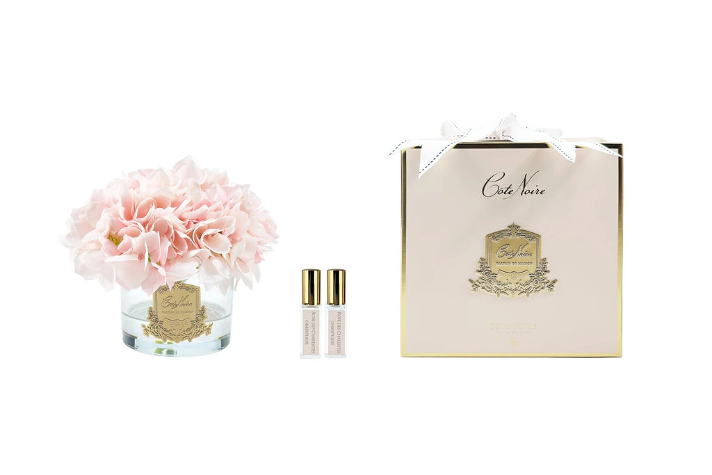 Pink hydrangea diffuser in a clear glass