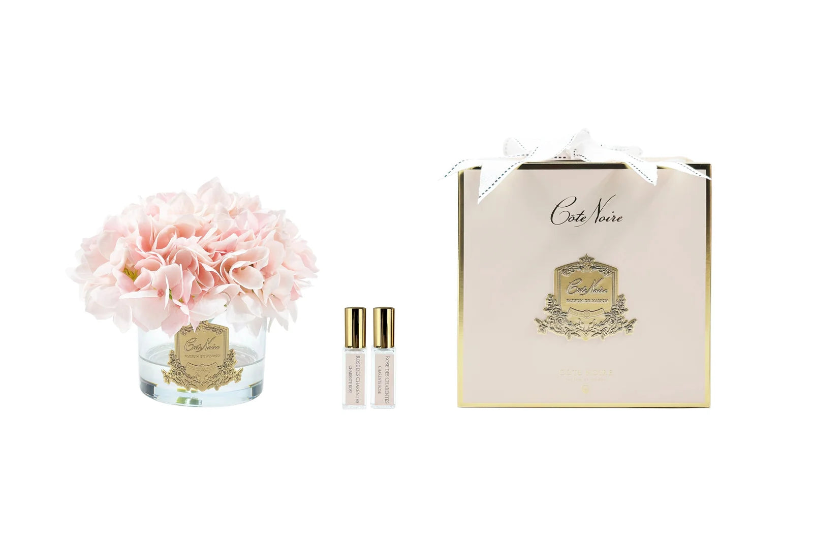 Pink hydrangea diffuser in a clear glass
