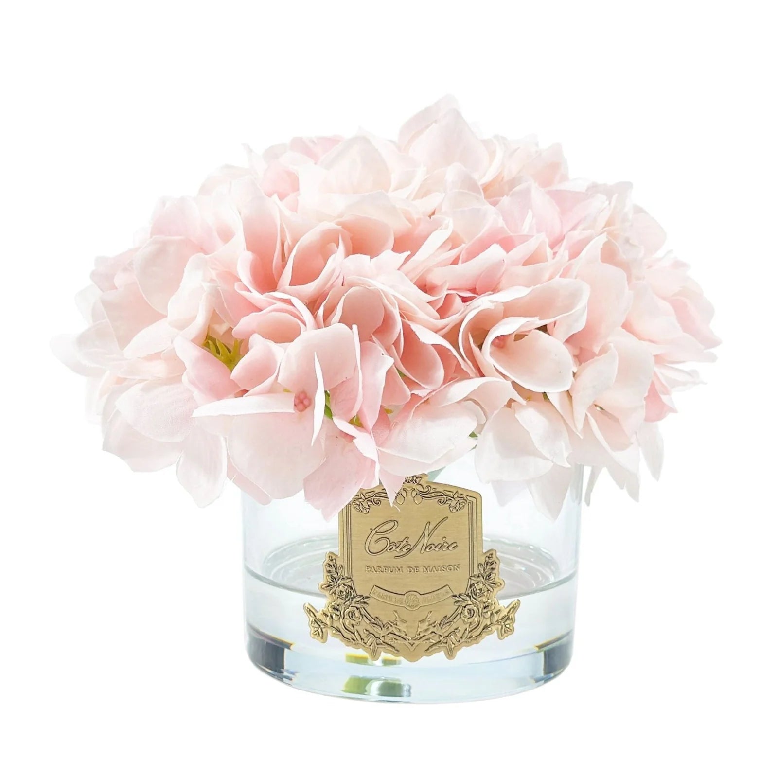 Pink hydrangea diffuser in a clear glass