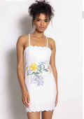 White cotton spaghetti straps blue embroidered flower dress