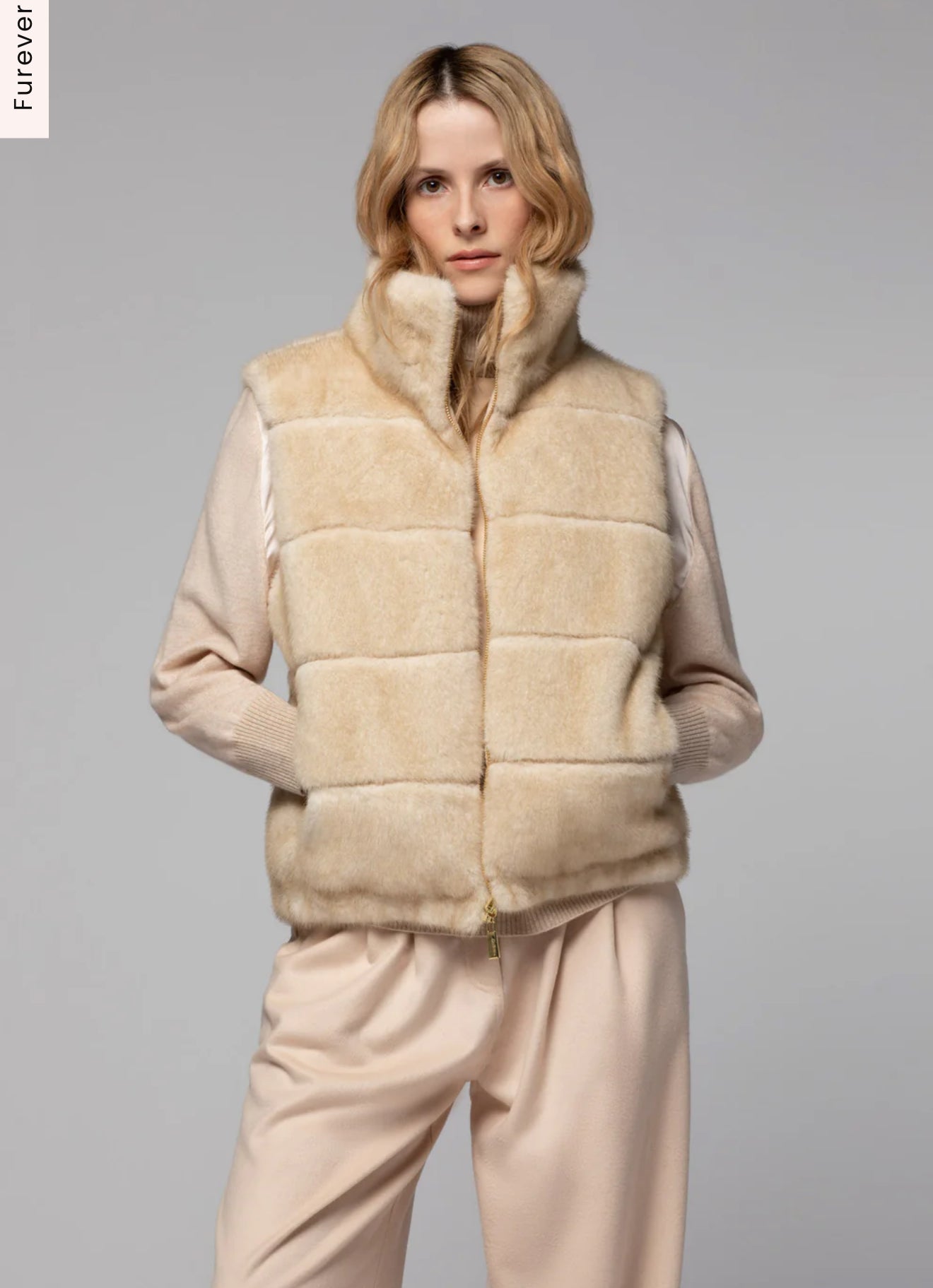 Tan reversible faux mink fur down vest jacket