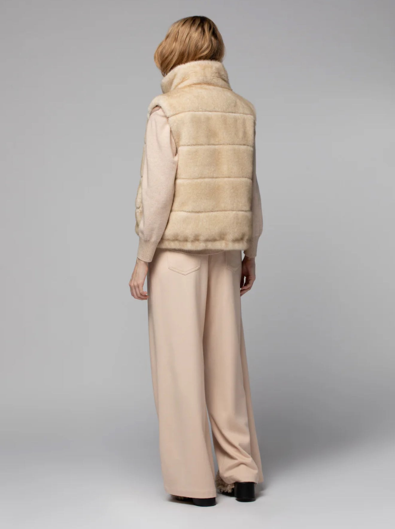 Tan reversible faux mink fur down vest jacket