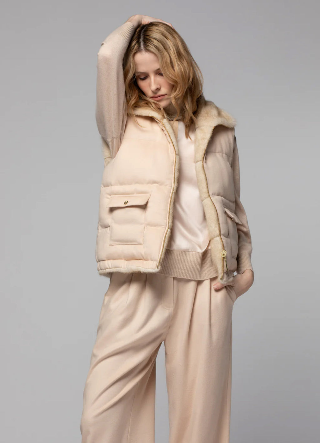 Tan reversible faux mink fur down vest jacket