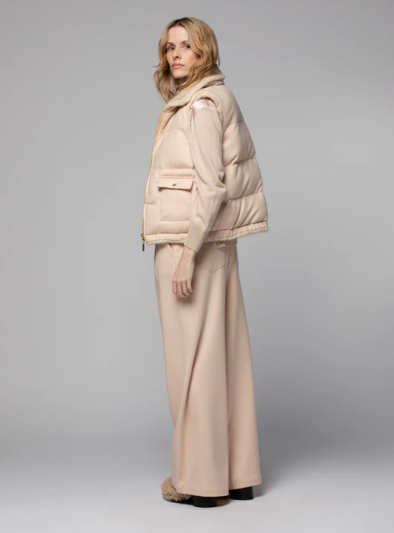 Tan reversible faux mink fur down vest jacket