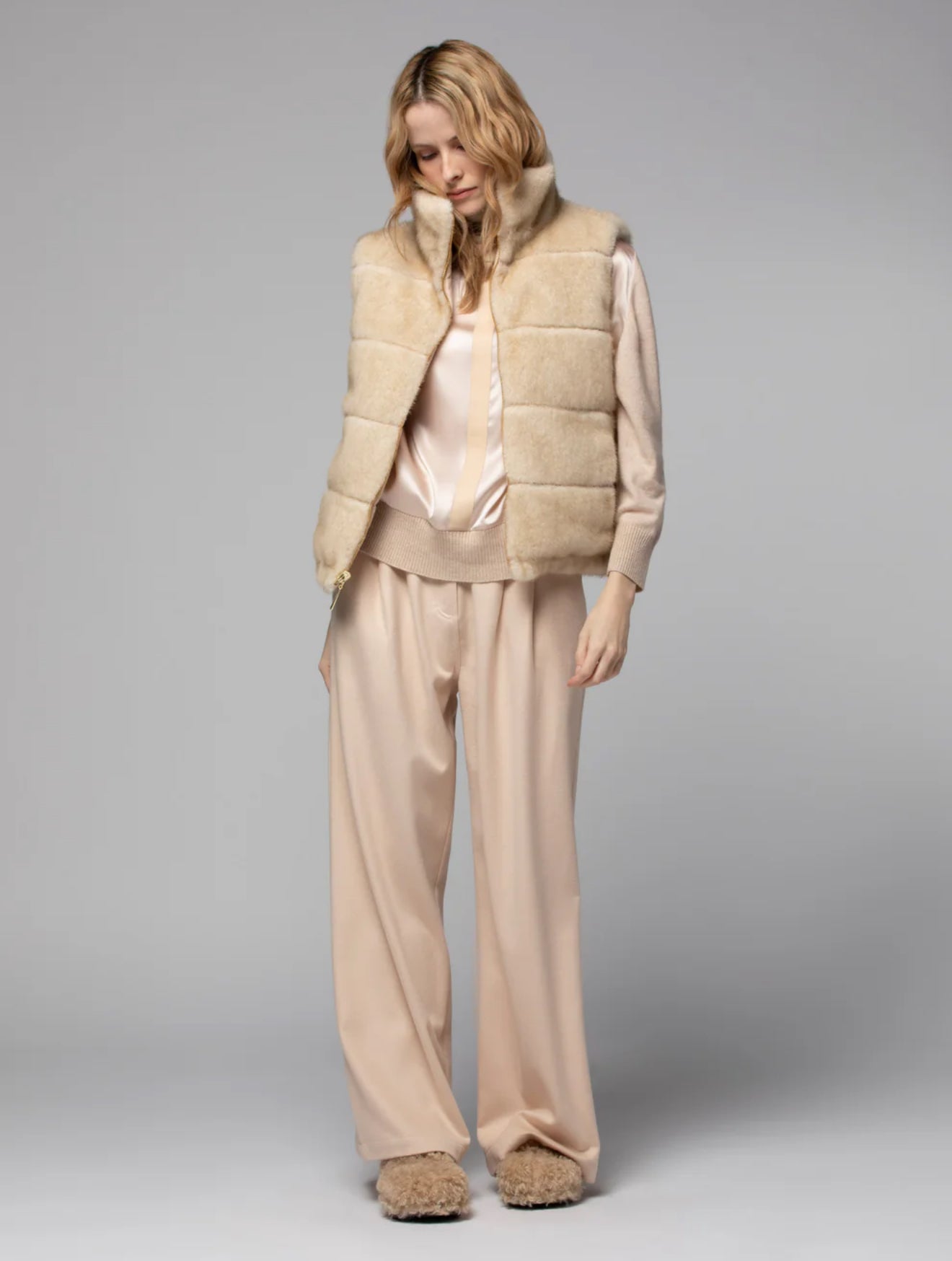 Tan reversible faux mink fur down vest jacket