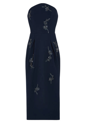 Navy embroidered sleeveless column midi dress