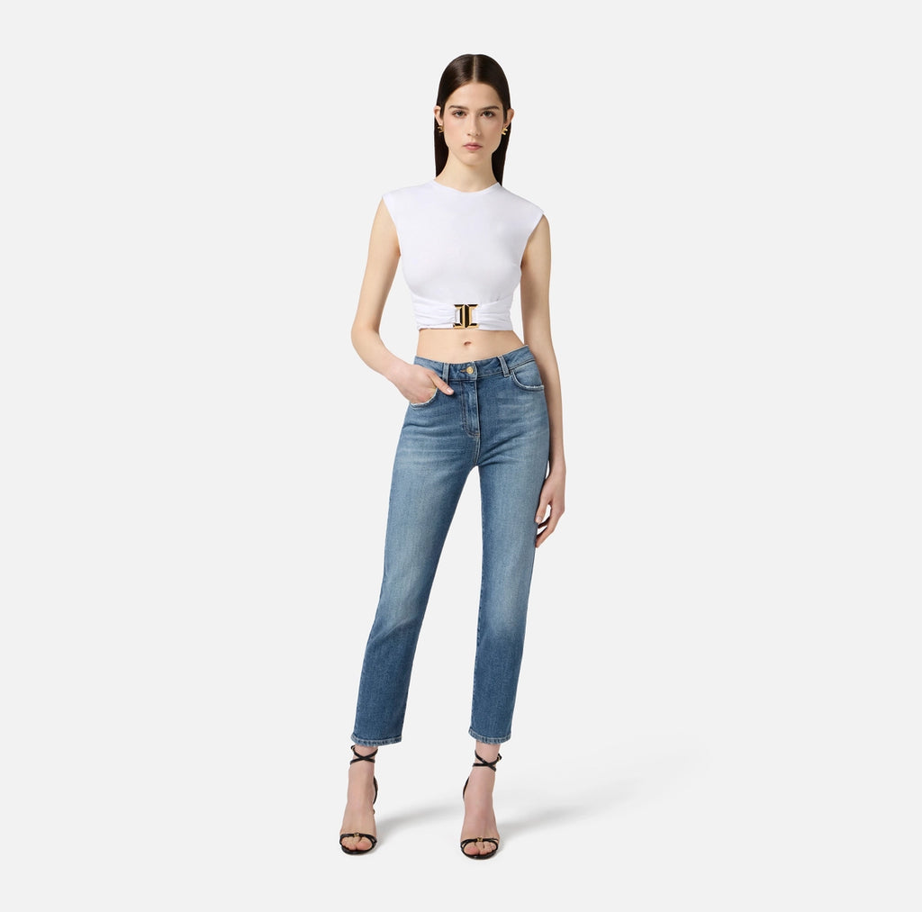 White cropped T-shirt with gold embelishement