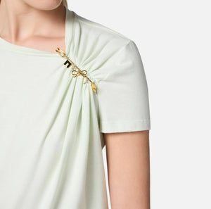 Mint t-shirt with jeweled pin