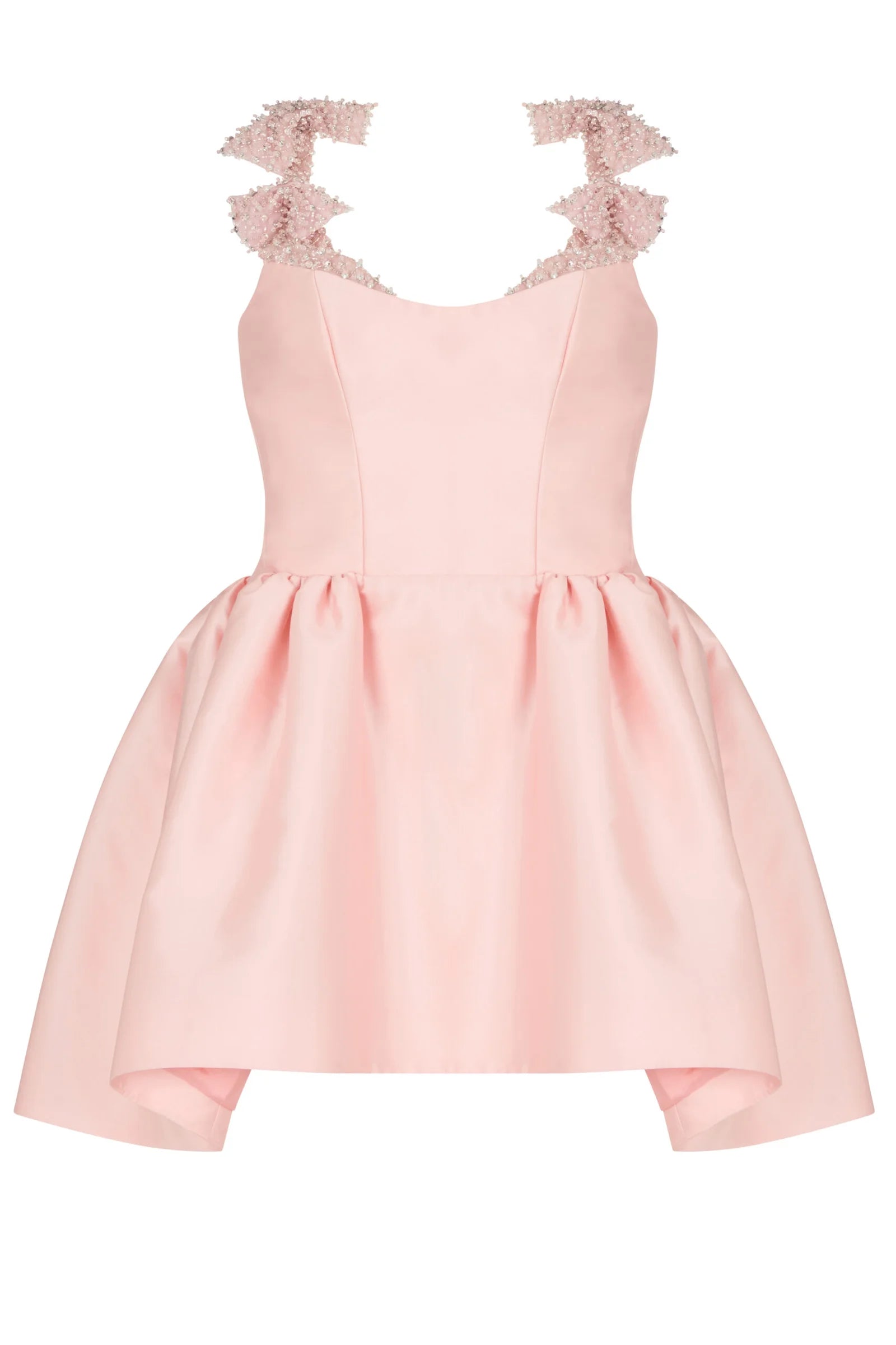 Pink mini dress with embroidered crystal bow detail