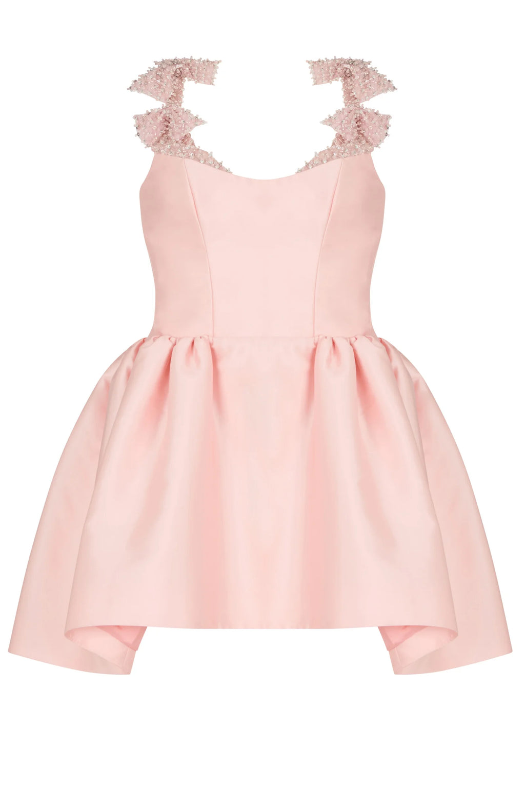 Pink mini dress with embroidered crystal bow detail