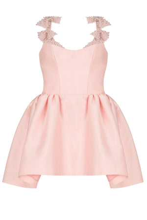 Pink mini dress with embroidered crystal bow detail