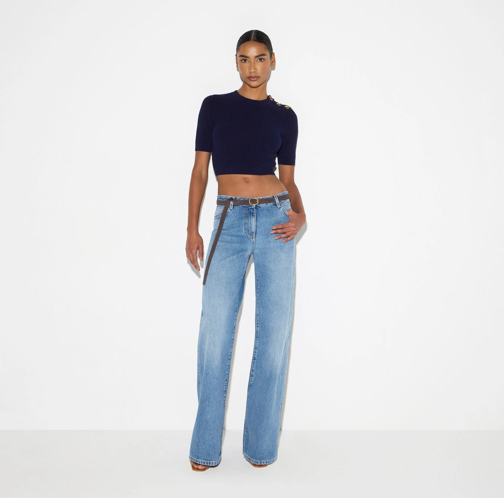 Navy cotton knit top with gold T-bars