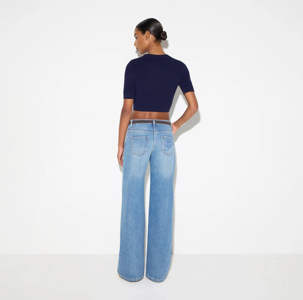 Navy cotton knit top with gold T-bars
