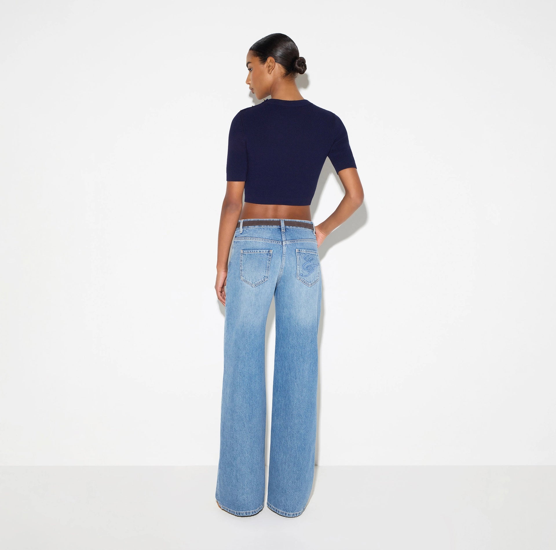Navy cotton knit top with gold T-bars