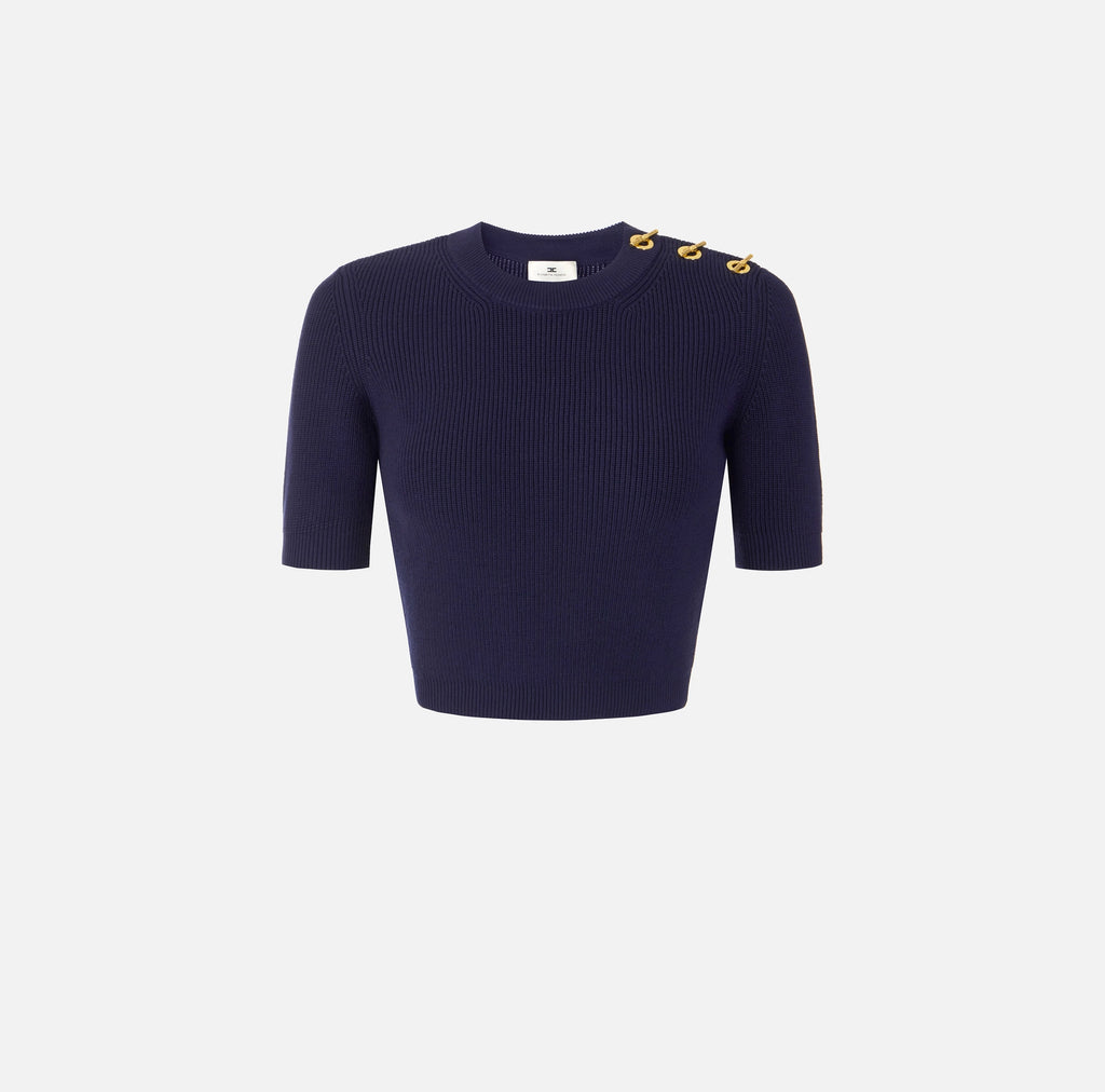 Navy cotton knit top with gold T-bars