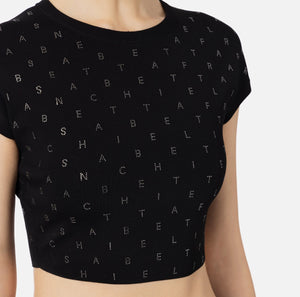 Black crop top with rhinestone lettering