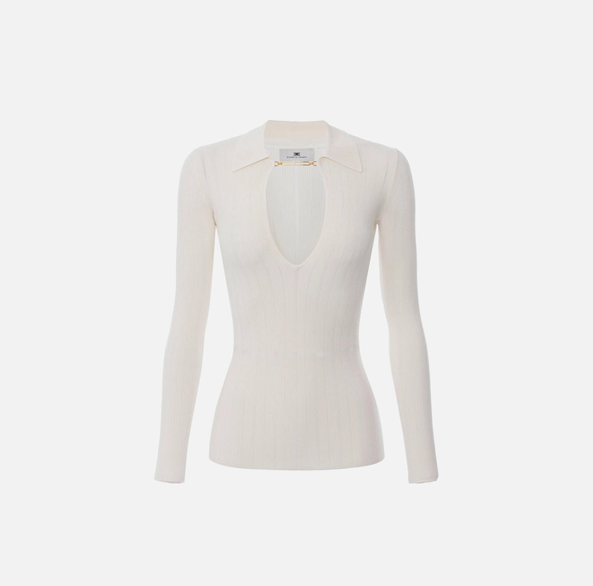 Ivory rib knit long sleeve top with gold embelishment