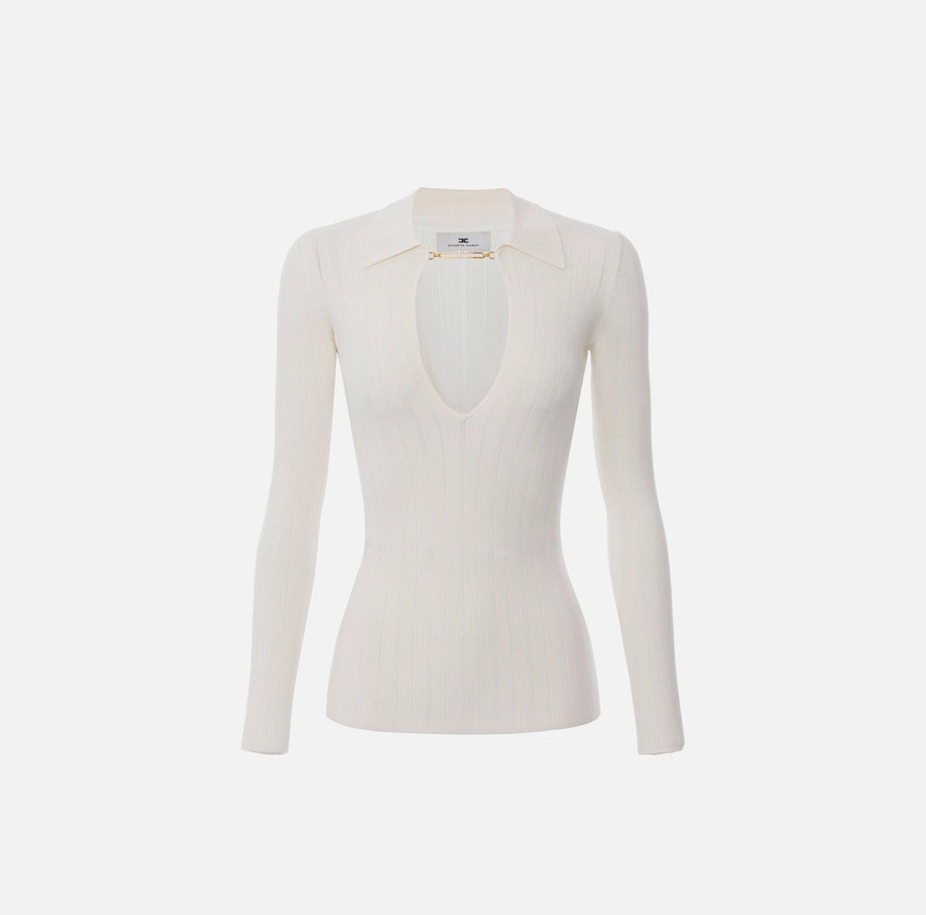 Ivory rib knit long sleeve top with gold embelishment