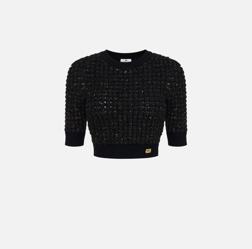 Black boucle knit crop top