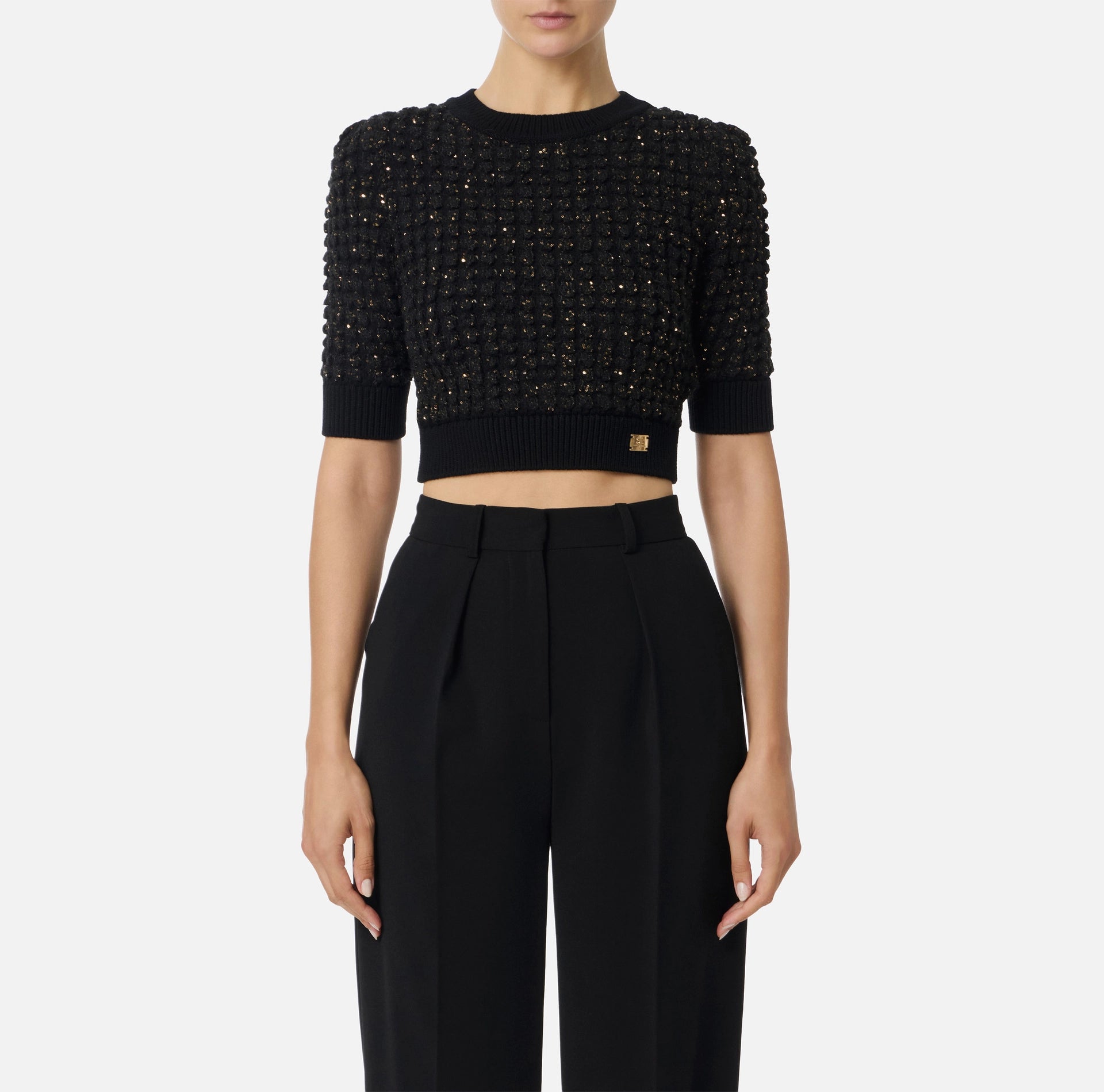 Black boucle knit crop top