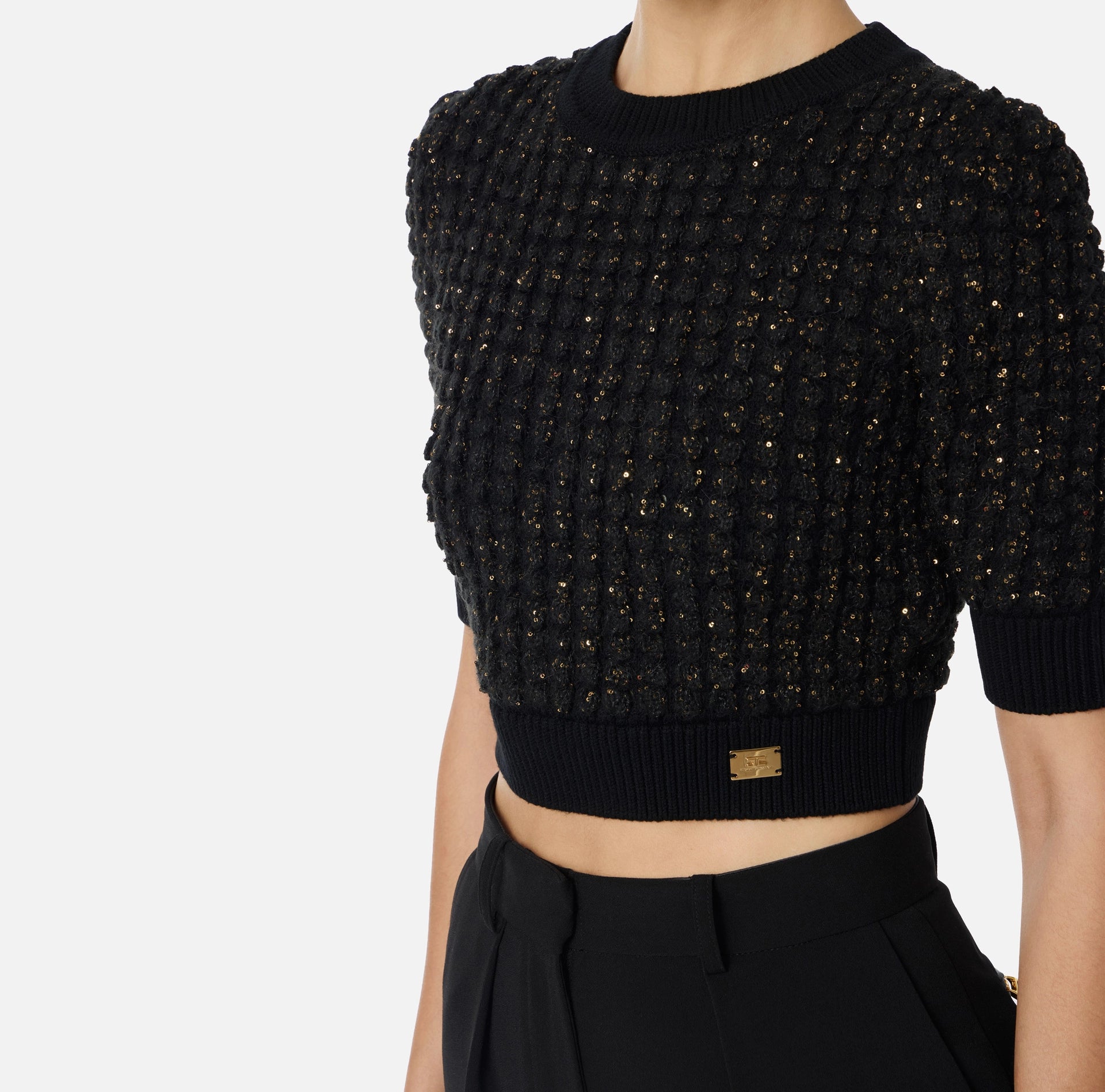Black boucle knit crop top
